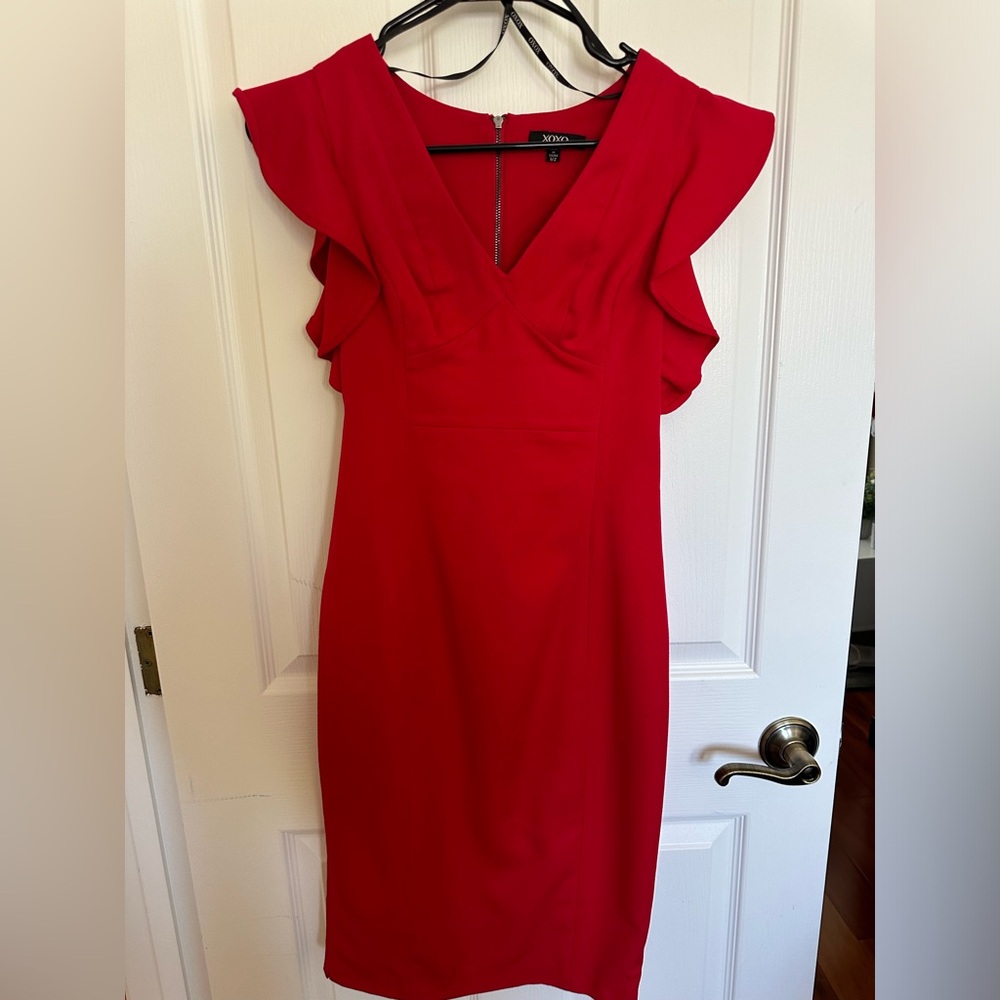 XOXO Flutter Sleeve V-Neck Red Midi Dress